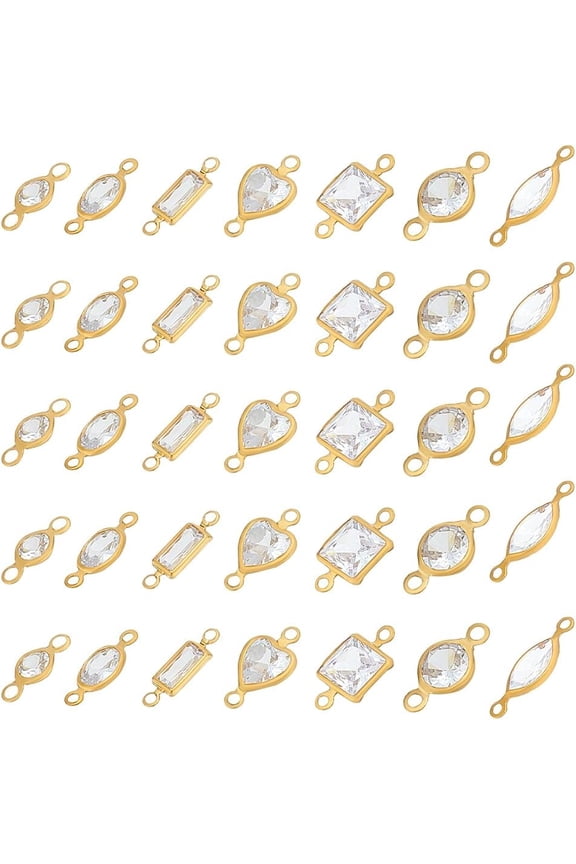 140Pcs 7 Styles Brass Clear Cubic Zirconia Connector Charms Mixed Shape Links Mixed Shapes 10~14x3.5~7x2~3.5mm Hole: 1~1.5mm 20pcs/1style