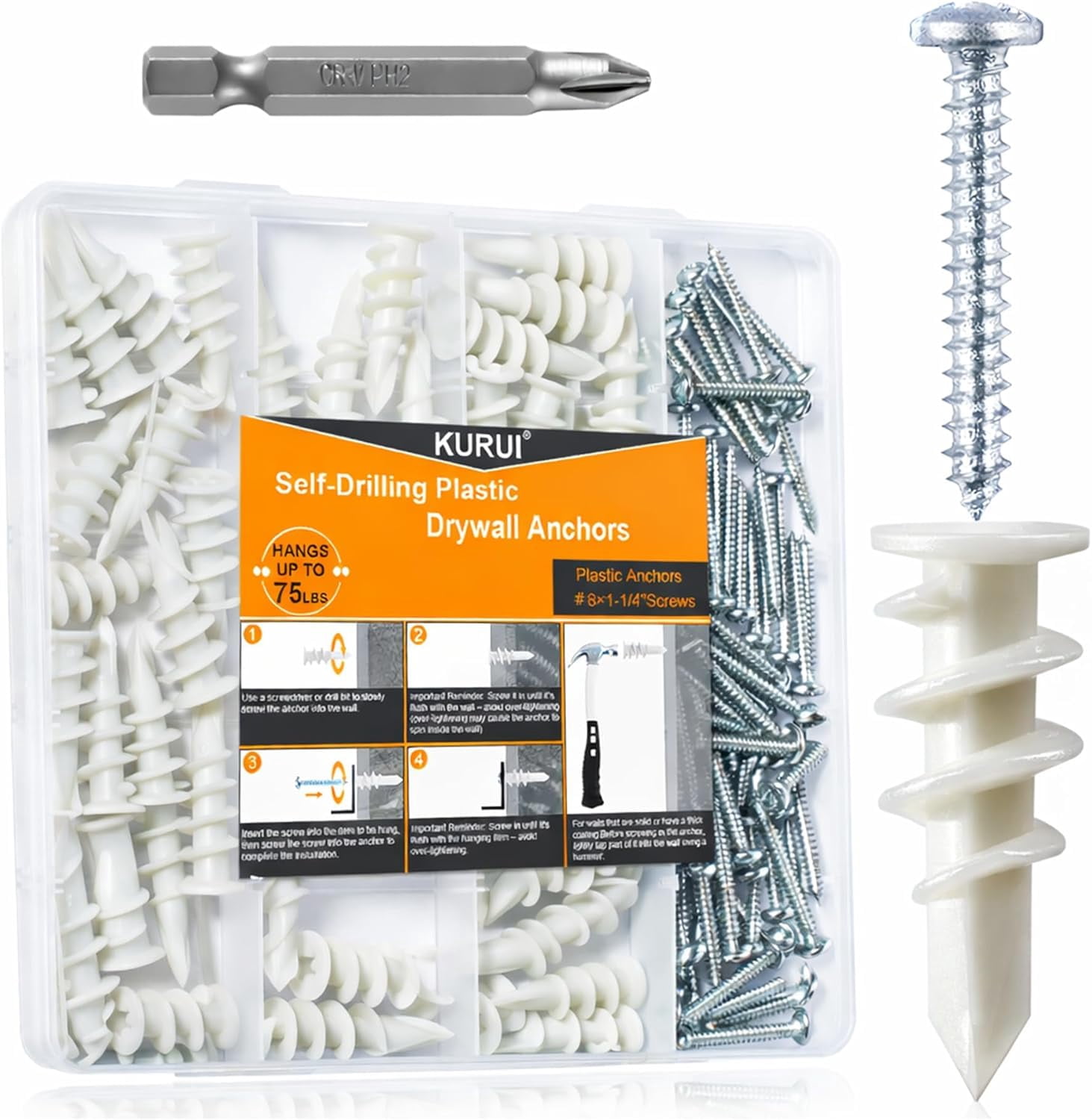 140Pcs #8 Self Drilling Drywall Anchors with Screws Kit, Heavy Duty Dry Wall Anchors for Hanging Sheetrock, 50 Self-Tapping Plastic Drywall Hangers 50 Sheet Rock Screws, Mounting Hardware -75LB