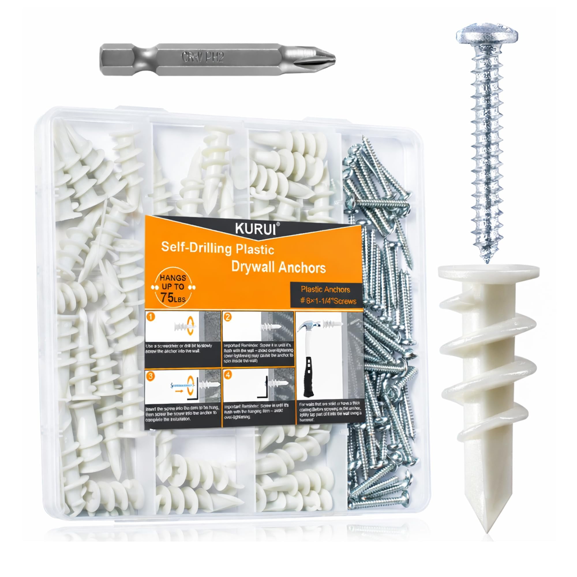 140Pcs #8 Self Drilling Drywall Anchors with Screws Kit, Heavy Duty Dry Wall Anchors for Hanging Sheetrock, 50 Self-Tapping Plastic Drywall Hangers 50 Sheet Rock Screws, Mounting Hardware -75LB
