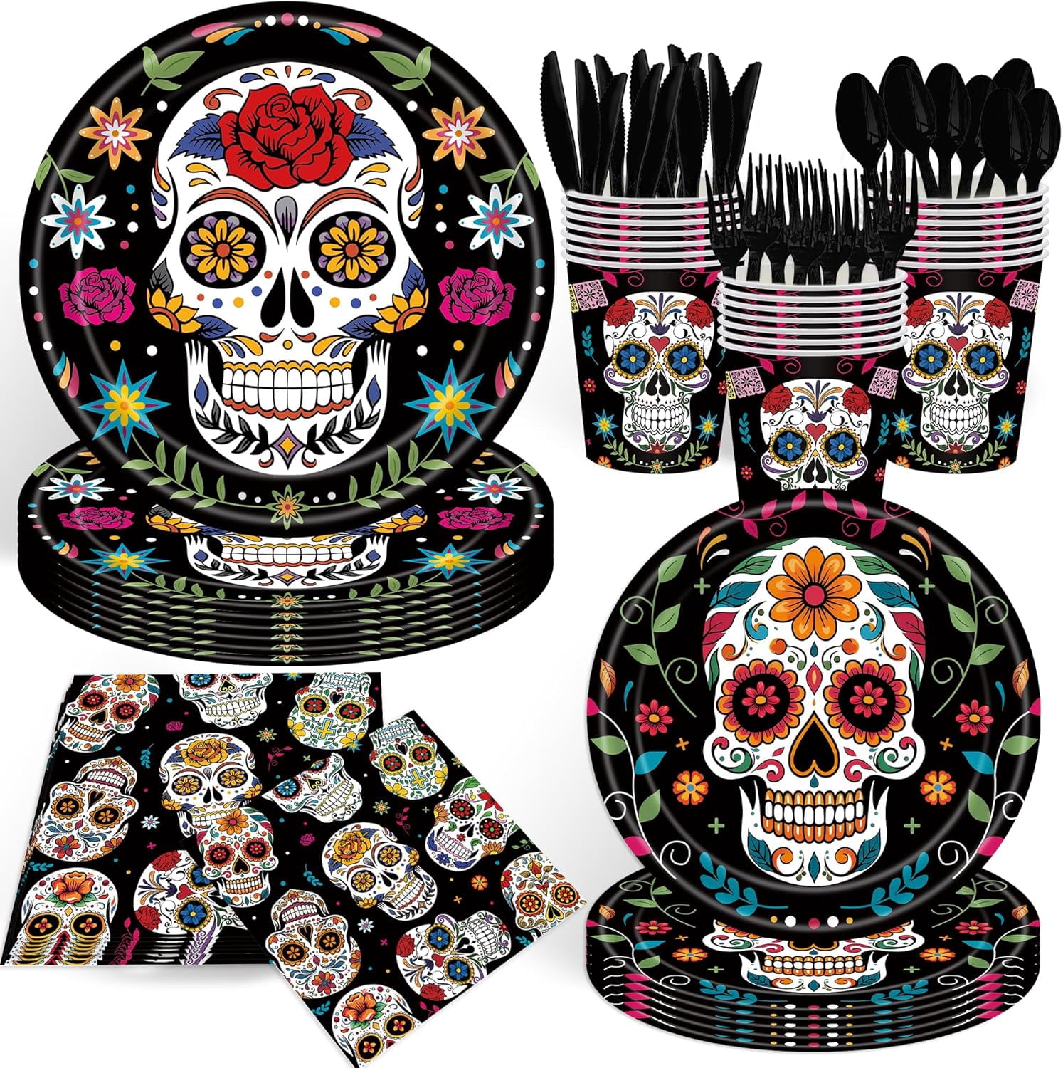 Skeleton Tableware 140Pcs Day of the Dead Party Supplies Sugar Skull Tableware Set Día de ...