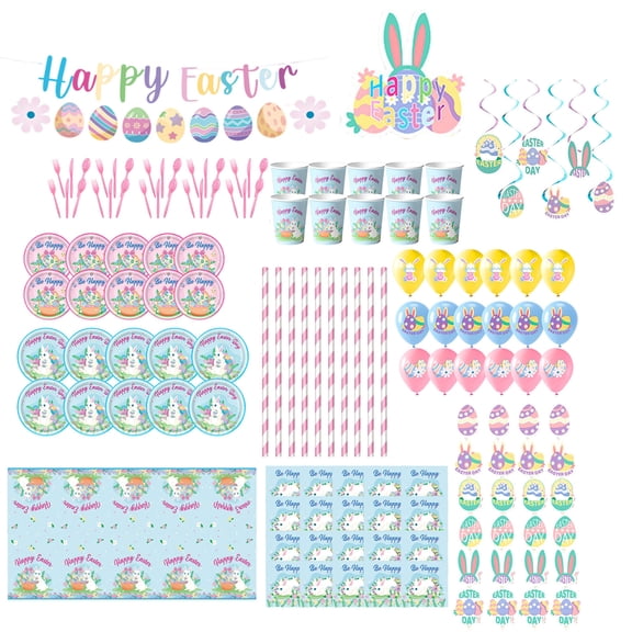 140Pcs Easter Paper Plates & Napkins Sets, Easters Dinnerware/Tableware Sets Including Cups Straws Plastic Cutlery Banner Disposable Tablecloth for Easter Party Supplies Decor,Serves 10 Guests