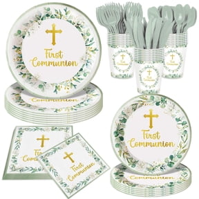 140Pcs First Communion Party Supplies Cross Plates and Napkins Baptism Christening Baby Shower Party Decorations Disposable Tableware Set First Holy Communion Paper Plates, Serve for 20 Guest VT1