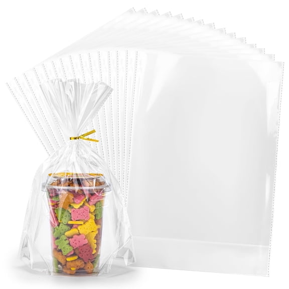 140Pcs Flat Bottom Cellophane Bags, 5.9x9x2.4" Clear Goodie Baggies with Twist Ties for Party Favor Packaging, Cookie, Popcorn, Candy, Mug Wrapping