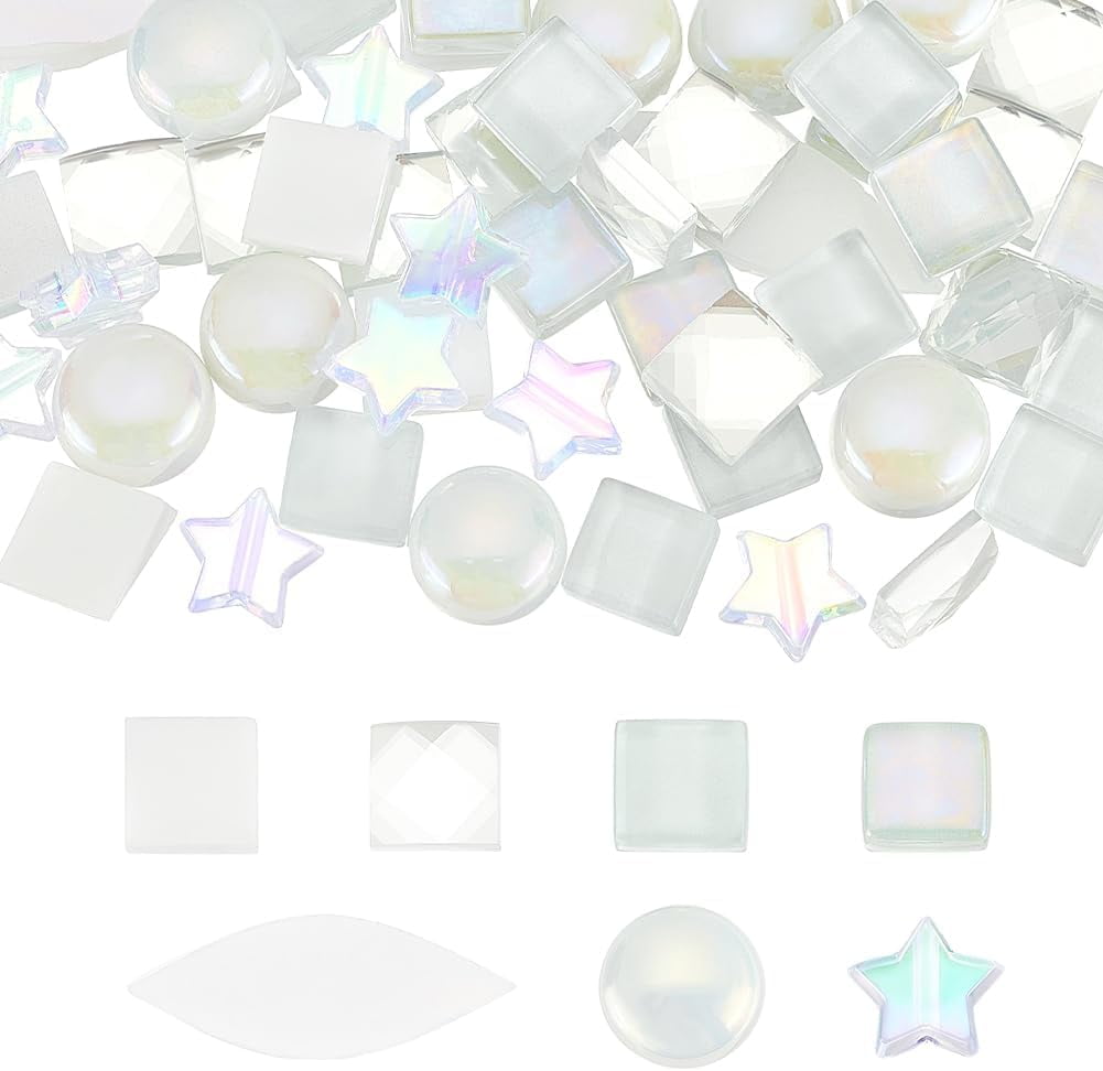 140Pcs Glass Mosaic Pieces 7 Styles White Mosaic Tiles Assortments Mixed Stained Glass Pieces Square Star Flat Round Petal Mosaic Tiles for DIY Picture Frames Mosaic Art Making Supplies