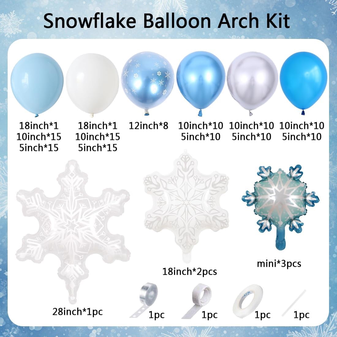 140Pcs Ice Snow Balloons Garland Arch Kit, Blue Silver White Latex Balloon with Transparent Snowflake Foil Balloon for Winter Wonderland Christmas Snowflake Holiday Birthday Party Decor