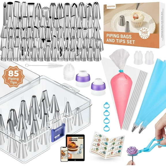 140Pcs Icing Piping Bags and Tips Set, Frosting Piping Kit with 78 Numbered Icing Tips, 7 Russian Tip, 42 Pastry Bags 12 Inch, 5 Couplers, 4 Bag Ties for Cake Decorating, Cupcake, Baking