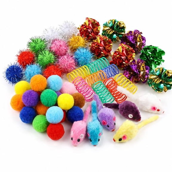 140Pcs Interactive Cat Toys, Colorful Springs, Shiny Balls & Fuzzy Mice for Cats