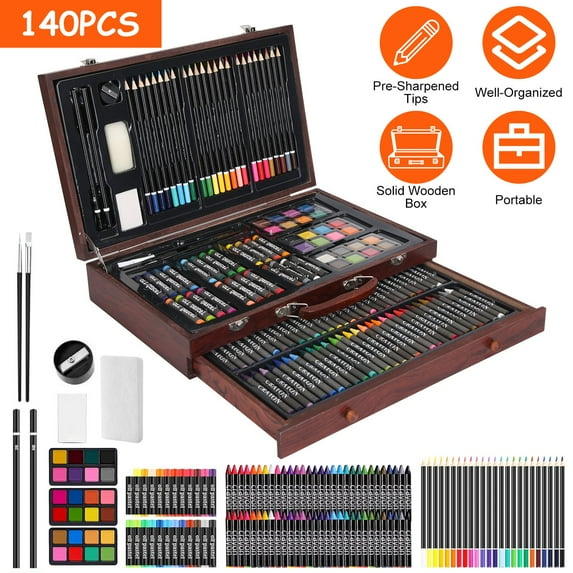 140Pcs Painting Drawing Art Kit in Wooden Box with Drawer Art Set for Adults Teens Kids Premium Art Supplies Includes Watercolors Oil Pastels Crayons & More
