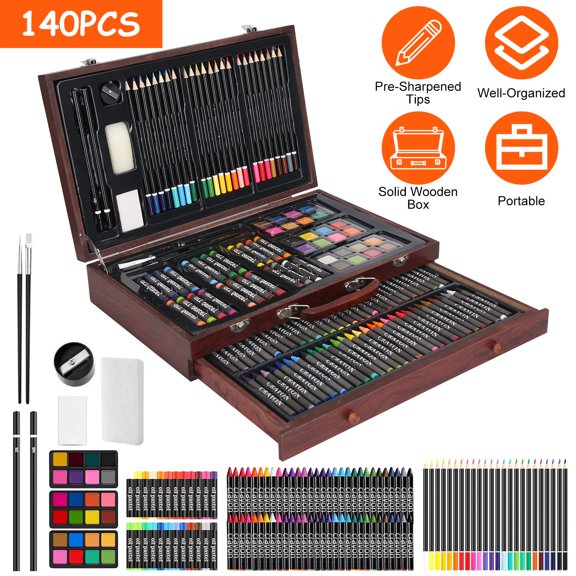 140Pcs Painting Drawing Art Kit in Wooden Box with Drawer Art Set for Adults Teens Kids Premium Art Supplies Includes Watercolors Oil Pastels Crayons & More