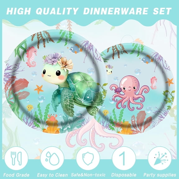 140Pcs Sea Turtle Birthday Decorations Ocean Sea Party Tableware Turtle Plates Napkins with Sea Animal Cups for Under the Sea Baby Shower Turtle Pool Party Supplies$$Home Decor, Kitchen, & Other