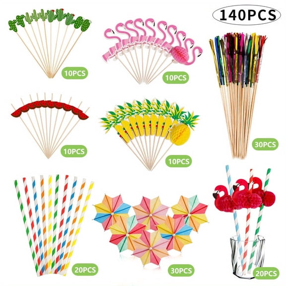 140Pcs Tropical Party Decorations Set, Cocktail Picks & Paper Straws for Luau Party