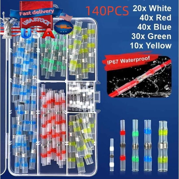 140Pcs Waterproof Solder Seal Sleeves Heat Shrink Butt Wire Connectors Terminals