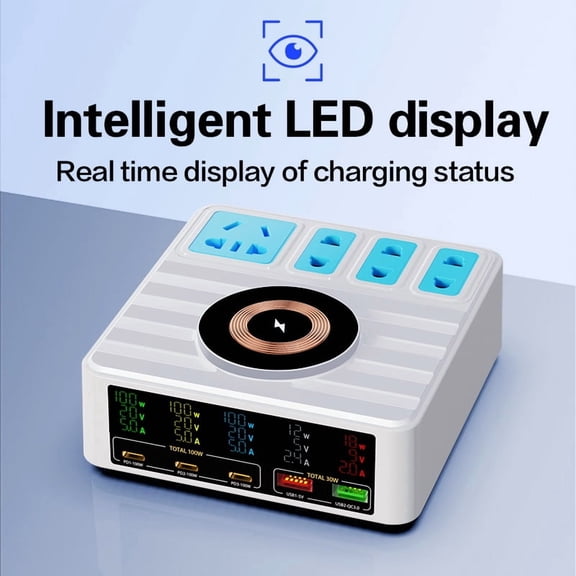 140W 10-in-1 Desktop Charging Station with LCD Display, 100W Fast & Wireless Charging, 65W PD/QC3.0 for Phone, Tablet, Laptop