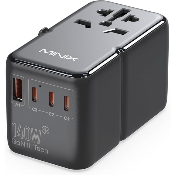 140W Universal Travel Adapter, GaN III International Power Adapter, 3 USB-C 1 USB-A Ports, AC Outlet, Worldwide US/UK/EU/AU Travel Charger for Cameras Laptops Tablets Phones and More