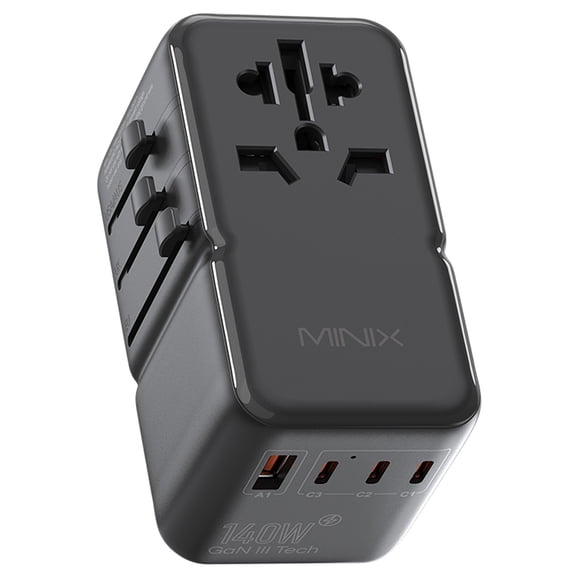 140W Universal Travel Adapter with 3 USB-C & 1 USB-A Ports GaN III Technology, Dual Protection, Global Compatibility MINIX TP140