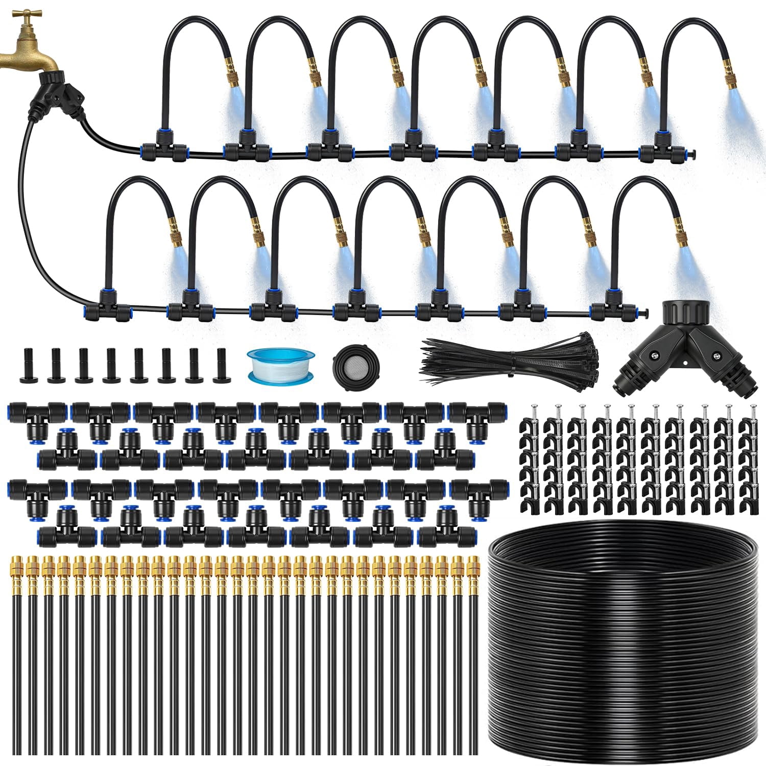 140ft 1/4" Drip Irrigation System For Garden - 30 Adjustable Copper Nozzles  Automatic Atomizing Sprinkler Outdoor Plants Raised Bed Yard Potted & Lawn