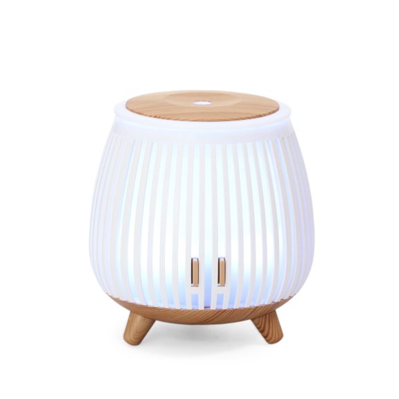140ml Ultrasonic Aromatherapy Essential Oil Diffuser & Humidifier, Vertical Hollow Stripe Design with Colorful Ambient Light, Quiet Auto Shut-Off, Wood Grain Base for Home Office