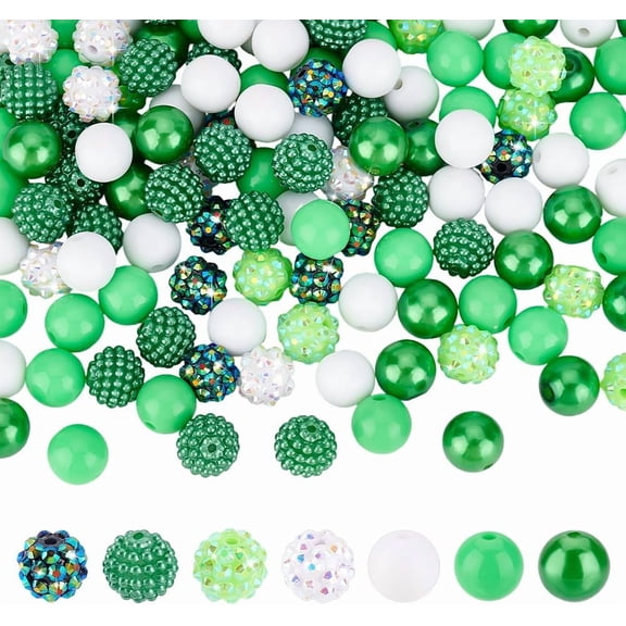 140pcs 7 Styles Green Beads Set 12mm Green Focal Beads for Pen Lucky Bead Rhinestone Faceted Bubblegum Bead Bulk Spacers