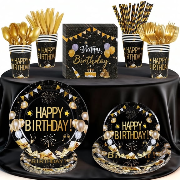 140pcs Black Gold Birthday Party Supplies Decorations Serve 20, Paper Plates and Napkins Set, Disposable Party Decorations, Plastic Forks Knives Spoons, Paper Plates Napkins Cups