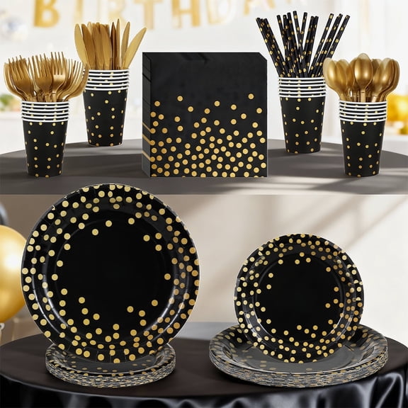 140pcs Black Gold Party Supplies Decorations Serve 20, Paper Plates and Napkins Set, Disposable Party Decorations, Plastic Forks Knives Spoons, Paper Plates Napkins Cups Baby Shower Birthday Wedding