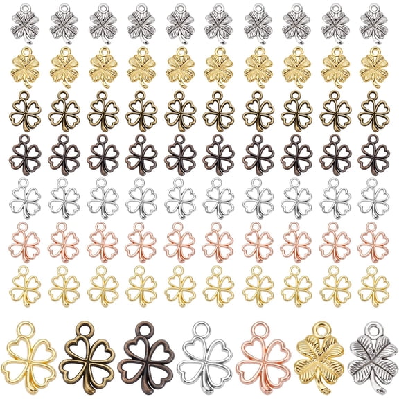 140pcs Clover Charms 7 Styles Four Leaf Pendants Lucky Clover Charms Metal Alloy Shamrock Charms Heart Leaf Pendants for DIY