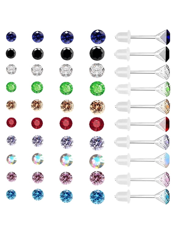 140pcs Colorful Rhinestones Plastic Stud Earrings Hypoallergenic Clear Resin Earring Posts with Earring Backs for Women Sensitive Ears Daily Wear Party Decor, 3mm 4mm 5mm 6mm