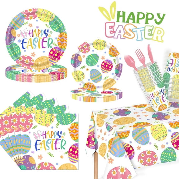 140pcs Easter Day Tableware Set Happy Easter Bunny and Egg Disposable Plates,Tablecloth,Cups,Napkins,Forks,Spoons,Knives for Spring Gatherings, and Kids' Birthday Party Supplies