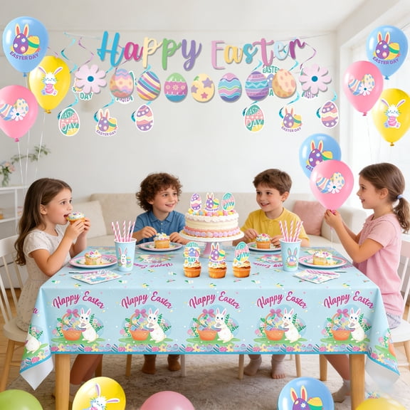 140pcs Easter Party Decoration Kit with Happy Easter Banner Balloons Cupcake Toppers Hanging Swirls and Cake Topper Bunny Decor