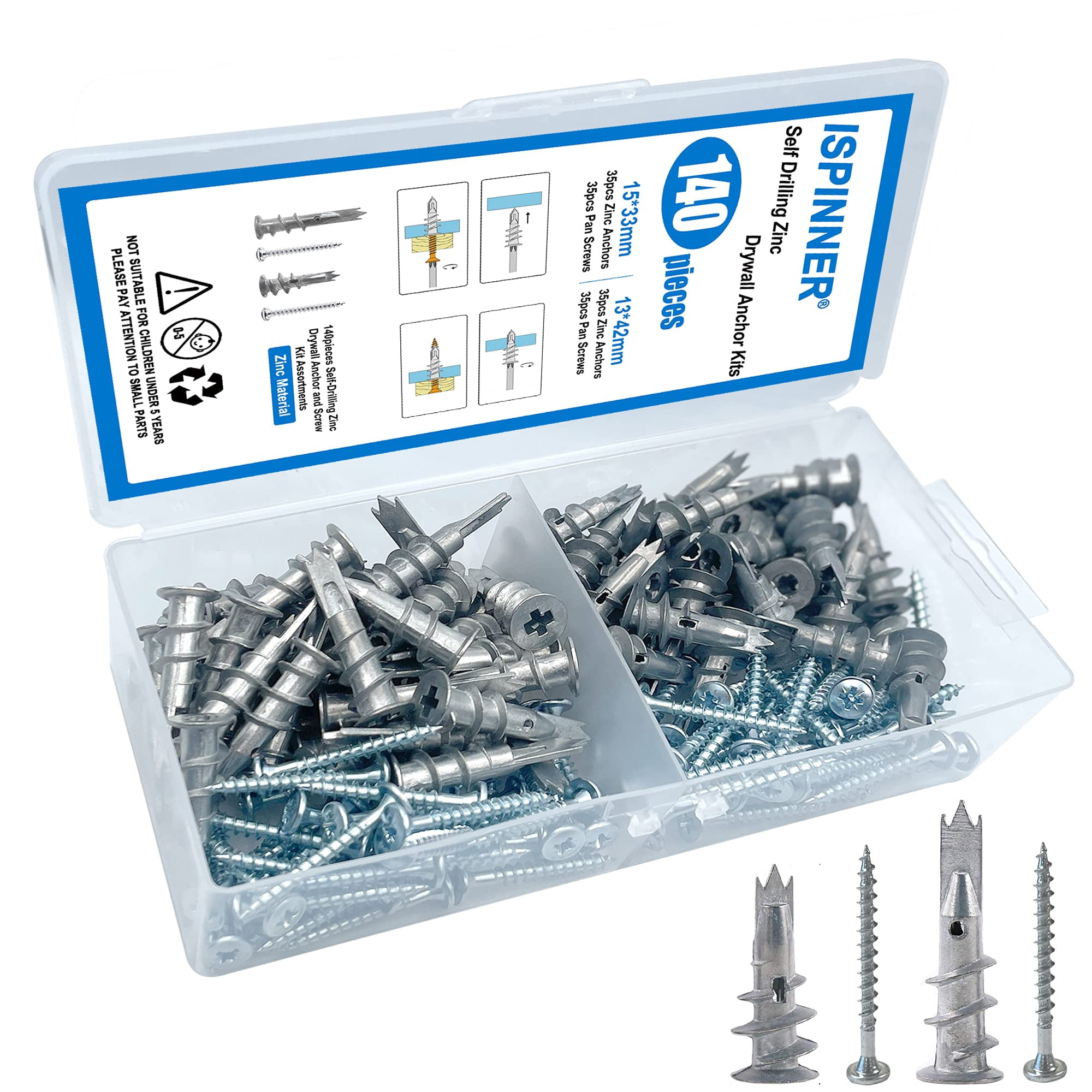 140pcs Plastic Drywall Anchors Self Drilling Hollow Wall Anchors with Screws Assortment Kit (13x42mm + 15x33mm)