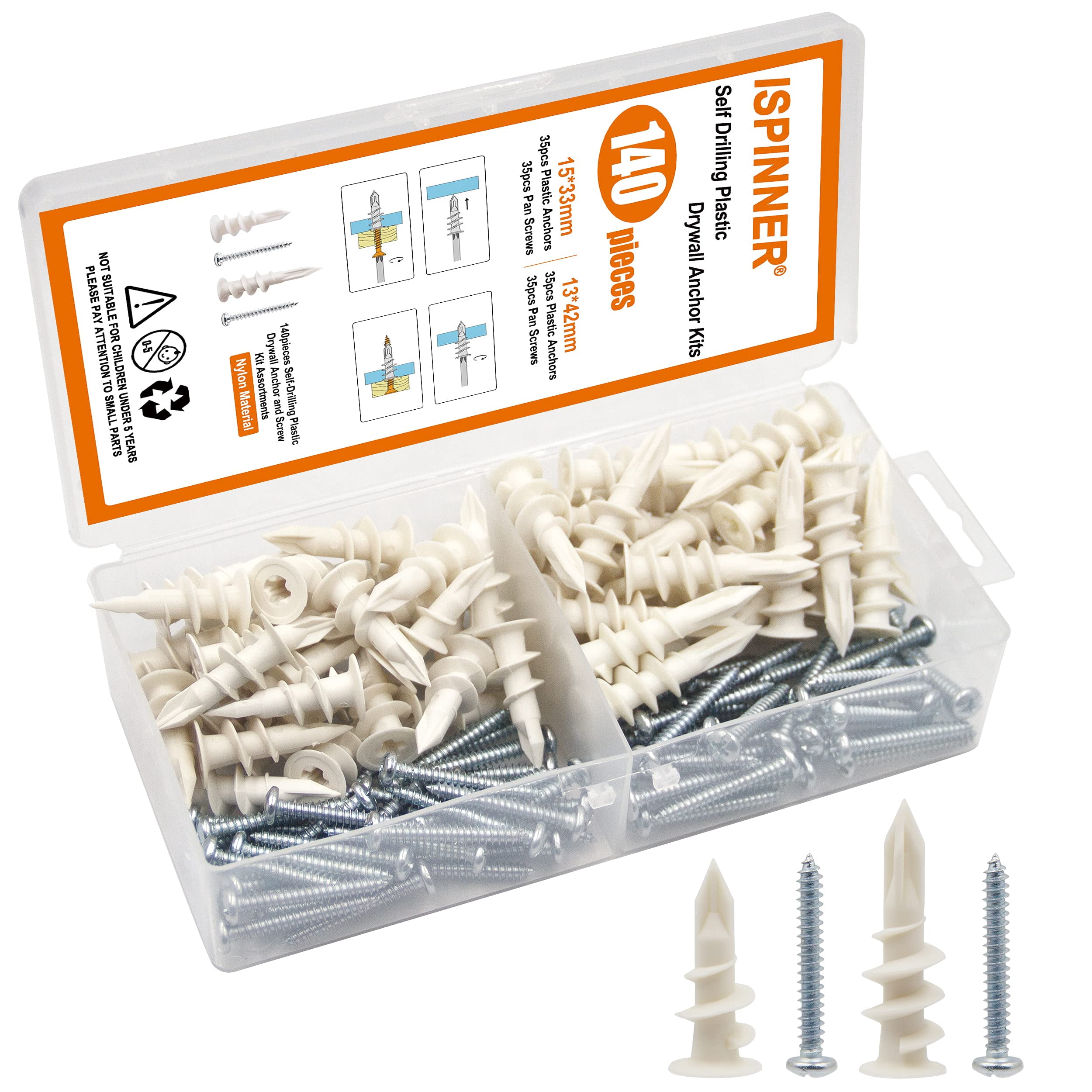 140pcs Plastic Drywall Anchors Self Drilling Hollow Wall Anchors with Screws Assortment Kit (13x42mm + 15x33mm)