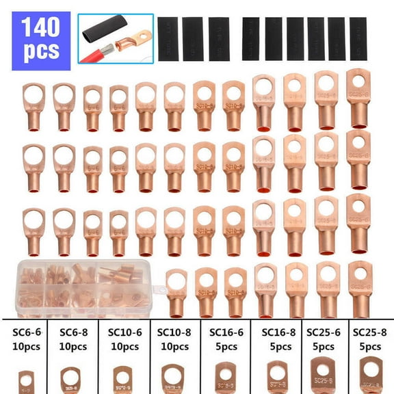 140pcs SC Copper Wire Lugs Battery Cable Ends Terminal Connectors Assortment USA