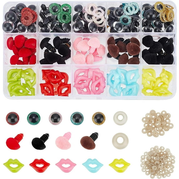 140pcs Safety Eyes Noses Lip 15 Styles Doll Eyes Craft Glitter Animal Eyes Crochet Eyes with Washers Bear Nose Human Mouth DIY