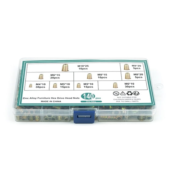140pcs/set Threaded Inserts Zinc Coate & Reliable Screw Nut Reliable Solution Simple Installation for Wood Furniture