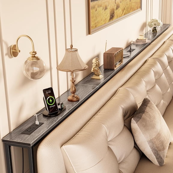 141.7 Inch Sofa Table with Power Outlets and USB-C Ports, 5.9 Inch Narrow Entryway Table, Behind Couch Table with Storage, Extra-Long Console Table, Living Room, Grey