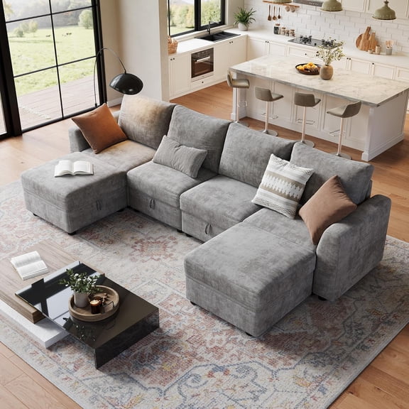 141" Cloud Couch U-Shape Modular Sectional Sofa, 6-Seater Chenille Sofa with Extra Large Hidden Storage, Ottoman Included, Easy Assembly, for Living Room, Apartment, Bedroom,Gray