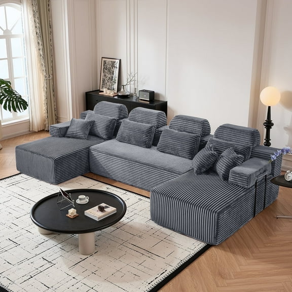 141″ Cloud Modular Sectional Sofa, Boneless U Shaped Compression Sofa with Chaise, Sectional Couches for Living Room, Corduroy Oversized Couch in a Box (Dark Grey)