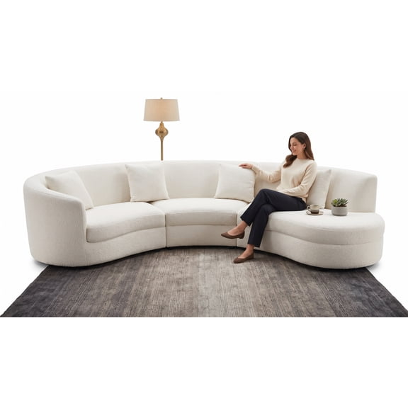 141-Inch Modern Half-Round Sectional Sofa, Cream White Boucle 4-Seater Modular Circle Couch, Arrangeable Semicircular Living Room Set with High-Resilience Foam, 24-Inch Backrests, Solid Wood Frame