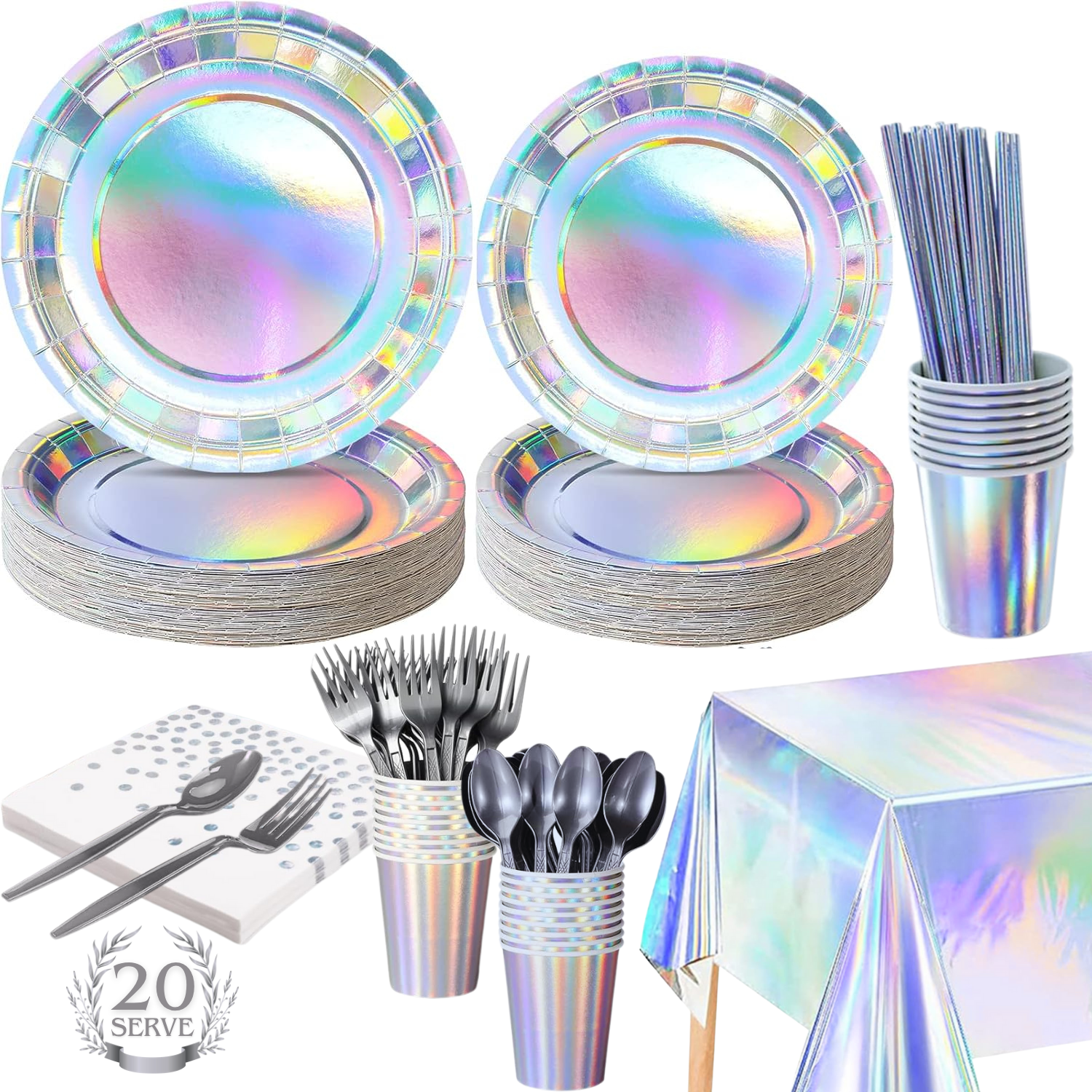 141 Iridescent Party Supplies Decorations, Holographic Paper Plates and Napkins Set, Disposable Tablecloth Set for Mermaid Disco Birthday Wedding Anniversary Party