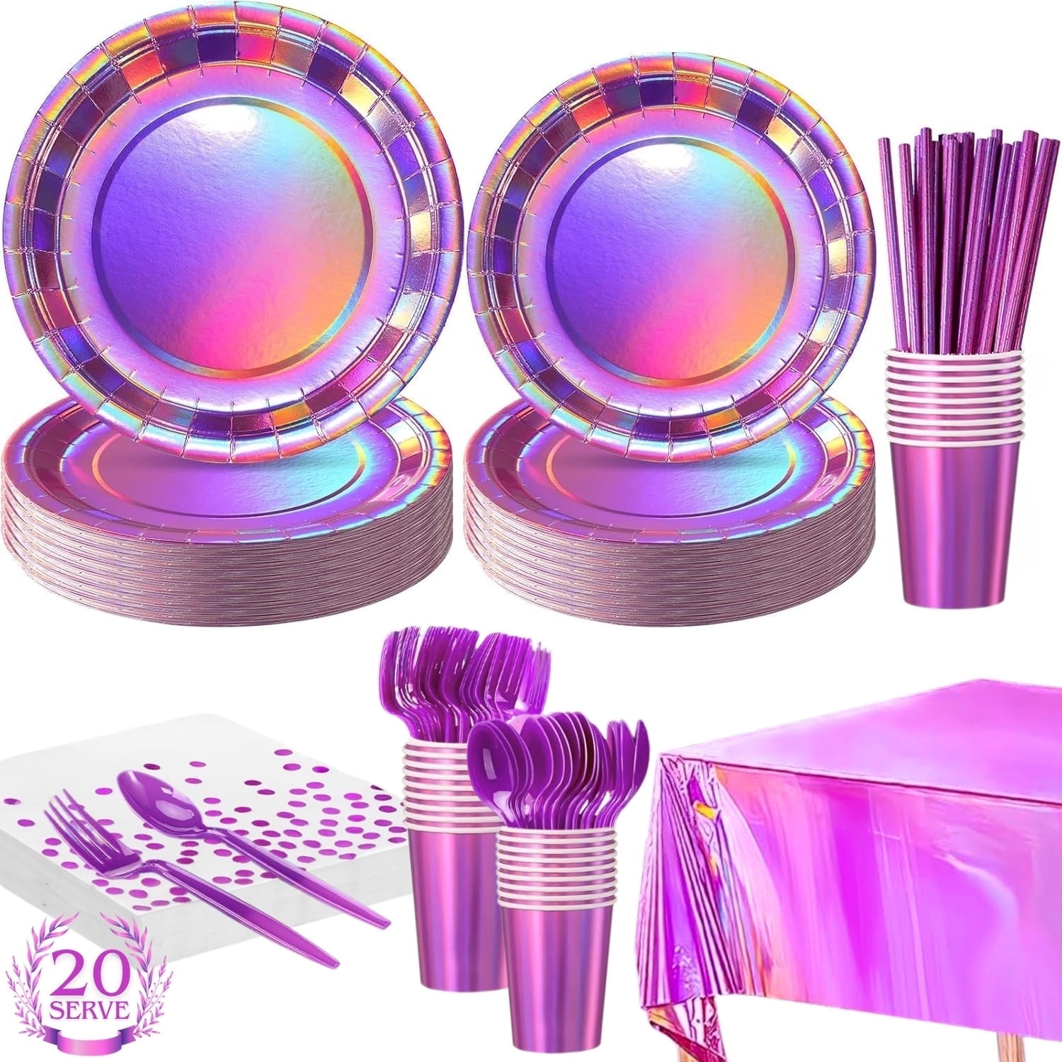 141 Iridescent Pink Party Supplies Decorations, Hot Pink Holographic Paper Plates and Napkins Set, Disposable Tableware Set for Mermaid Disco Birthday Girls Party