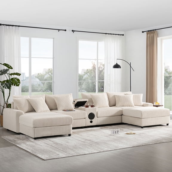 141" Modular Sectional Sofa with with Bluetooth Speakers, U-Shaped 6-Seat Corduroy Deep Seat Cloud Couch with Multi-Function Console, Cup Holder, USB Charger for Living Room and Apartment, Beige