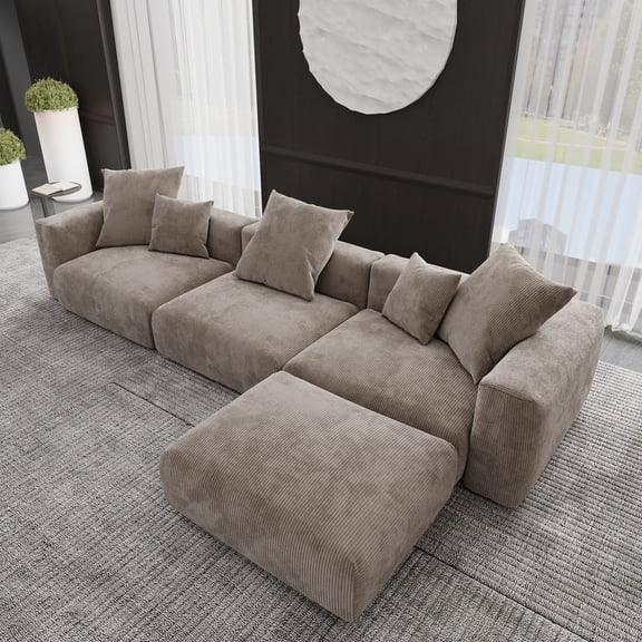 141" Modular Sectional Sofa with Movable Ottoman, L-Shaped Modern Corduroy Fabric Deep Seat Cloud Couches for Living Room, Apartment, Office, 3-Seat, Brown Couch