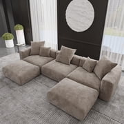 141" Modular Sectional Sofa with Movable Ottomans, U-Shaped Modern Corduroy Fabric Deep Seat Cloud Couches for Living Room, Apartment, Office, 3-Seat, Brown Couch