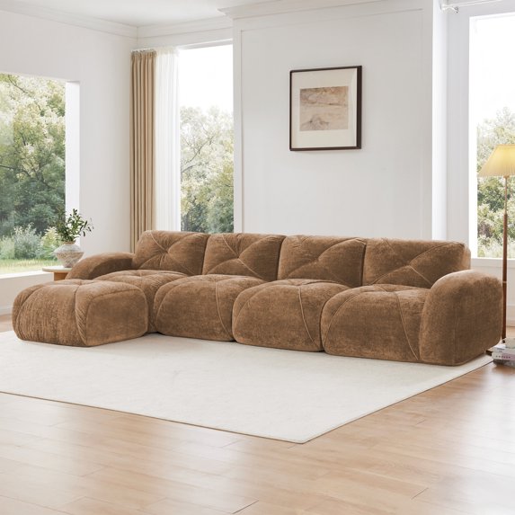 141" Oversized Modular Sectional Sofa, L-Shaped Boneless Couch with Deep Seat, 5-Seater Velvet Cloud Couch with Ottoman for Living Room, Camel