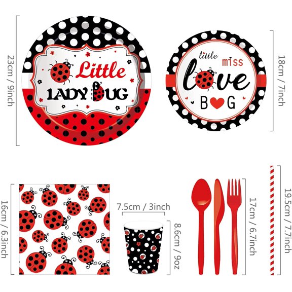 141 PCS Ladybug Fancy Birthday Party Supplies - Disposable Tableware Kit With Red and Black Polka Dot Plates, Cups, Napkins Sets - Serves 16 Guests$$Home Decor, Kitchen, & Other