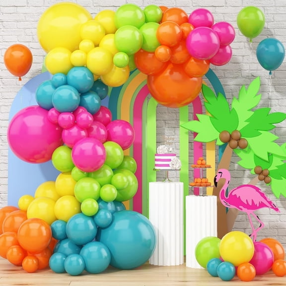 141 Pcs Tropical Rainbow Balloon Arch Kit with 5 Inch 10 Inch and 18 Inch Latex Balloons