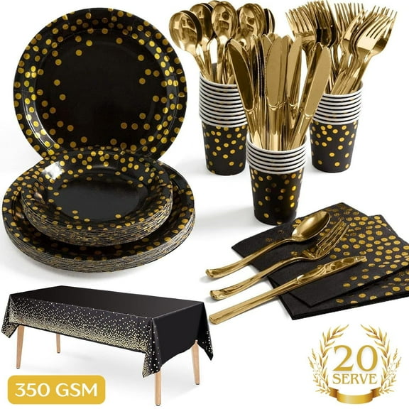 141 Piece Black Gold Party Supplies Set Serves 20 - Plate Tablecloth Cup Napkins for Wedding Bridal Shower Baby Shower Holiday Parties