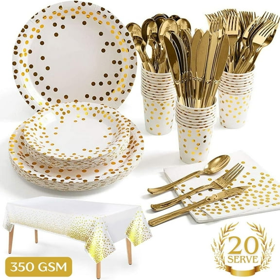 Happy Greetings Party Supply Set Polka Dot White Gold Dotted Decorative Wedding Bridal Shower Baby Shower Holiday Parties Paper 141 Piece