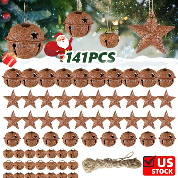 141 Pieces Rustic Christmas Bell Set, Includes 100 Small Rustic Jingle 20 Star Cutout Bells 20 Metal Star Hanging Ornament for Christmas Tree Home Decor DIY Craft (Rusty)
