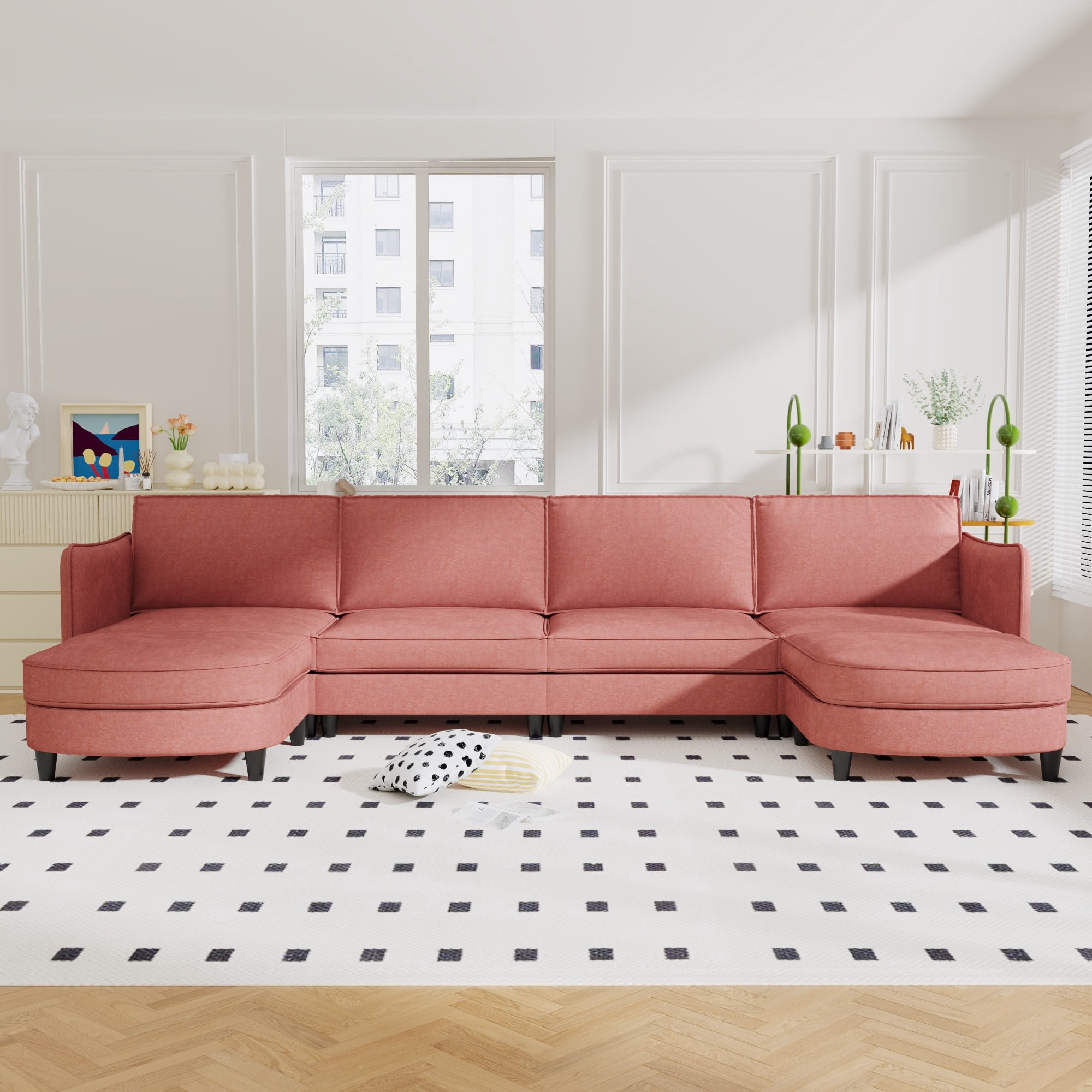 141" U-Shaped Sectional Sofa Couch,Modern Fabric 6 Seater Sofa Couch with Movable Ottoman&Pockets for Living Room, Apartment,Red