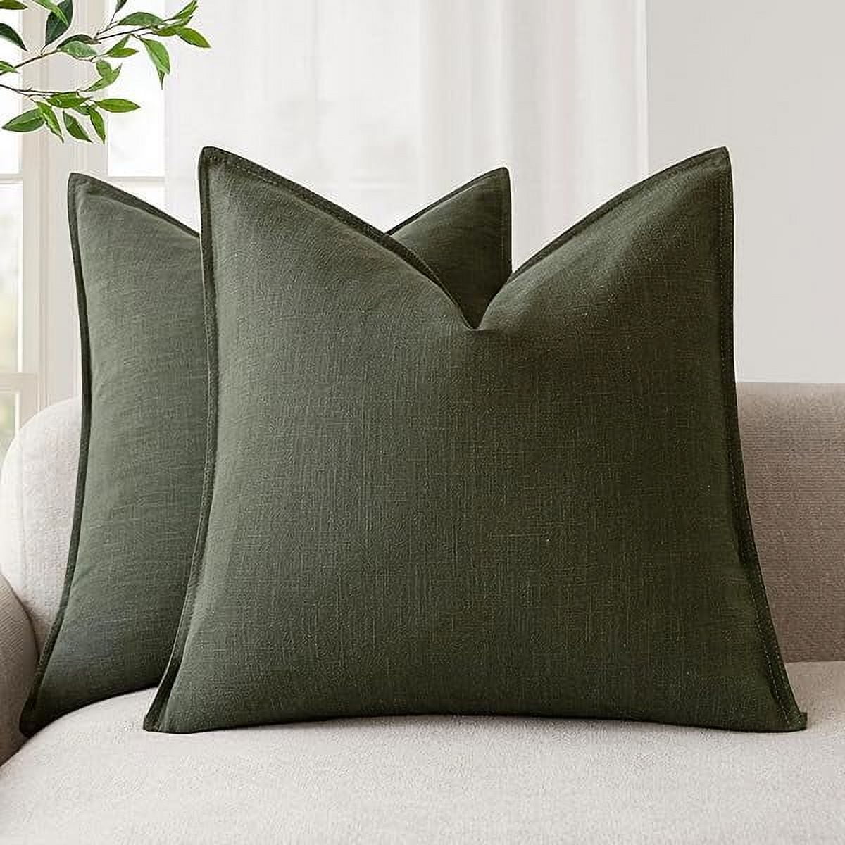 1417 Pack of 2, Decorative Linen Solid Throw Pillow Covers Soft Accent Cushion Case Farmhouse Neutral Pillowcase for Chair Couch Sofa Bedroom Living Room Home Decor 22 x 22 Inch Dark Olive Green